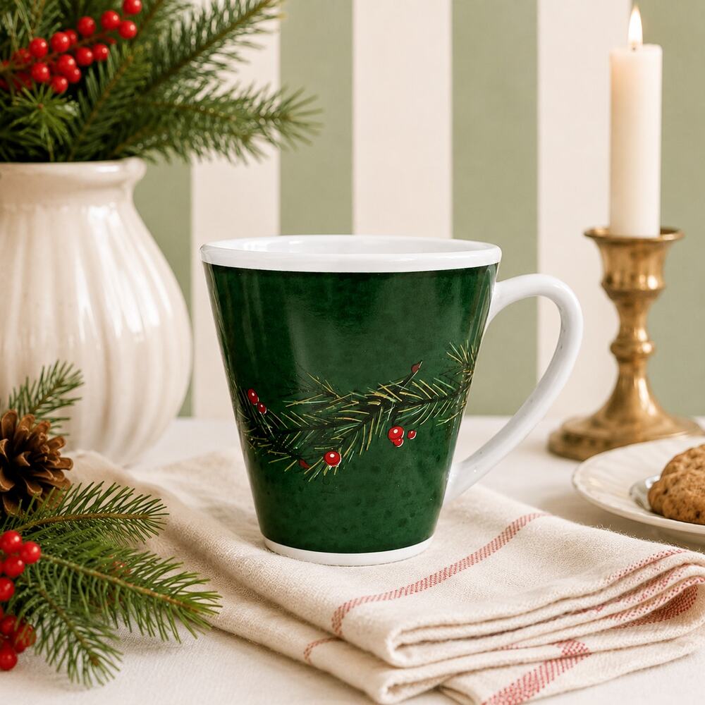 🎄☕🟢Rare Vintage Christmas Mug Holly Sprig Berry Festive Coffee Cocoa Cup Green